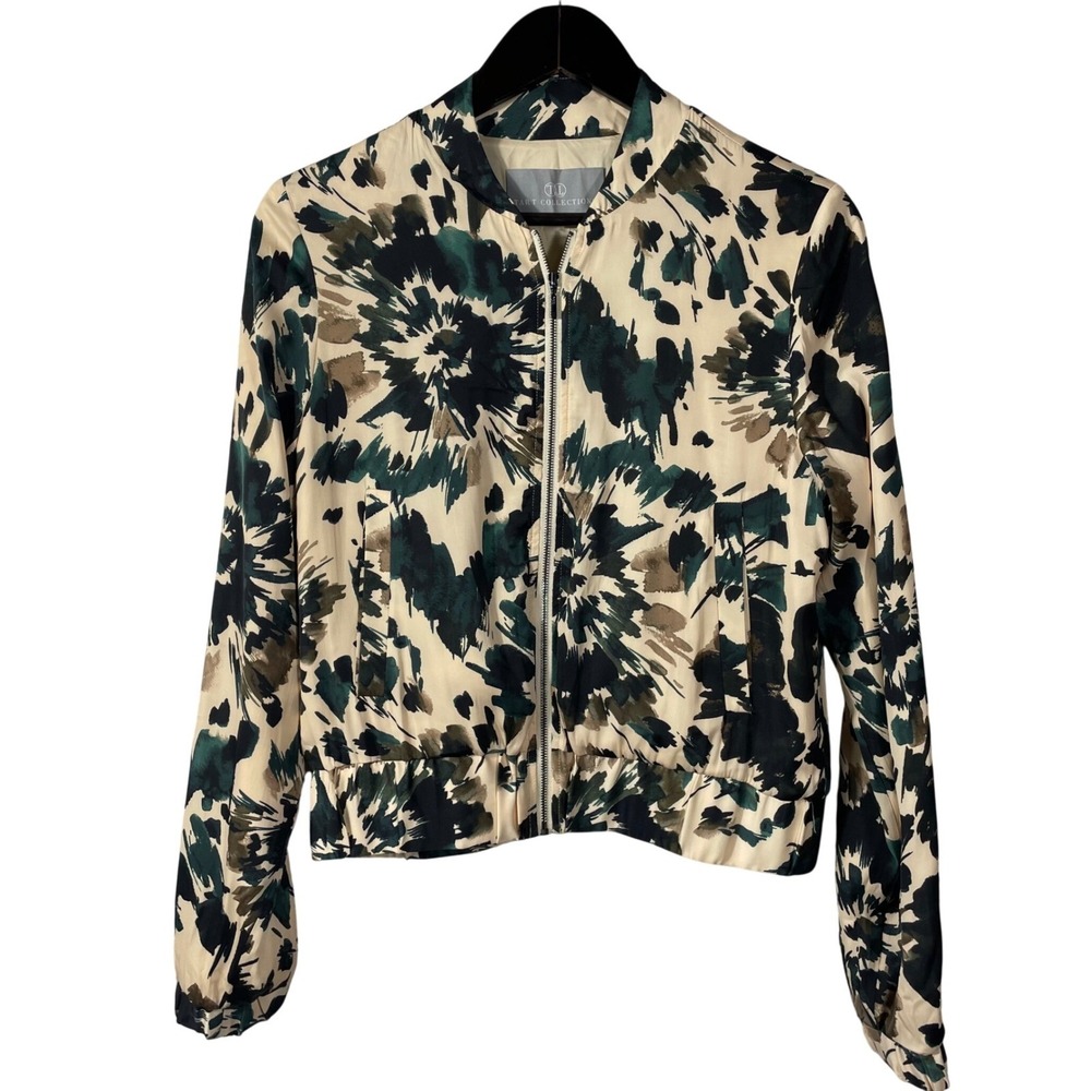 Tart Collections Printed Bomber Jacket Women's S Zip Front Abstract Floral Green